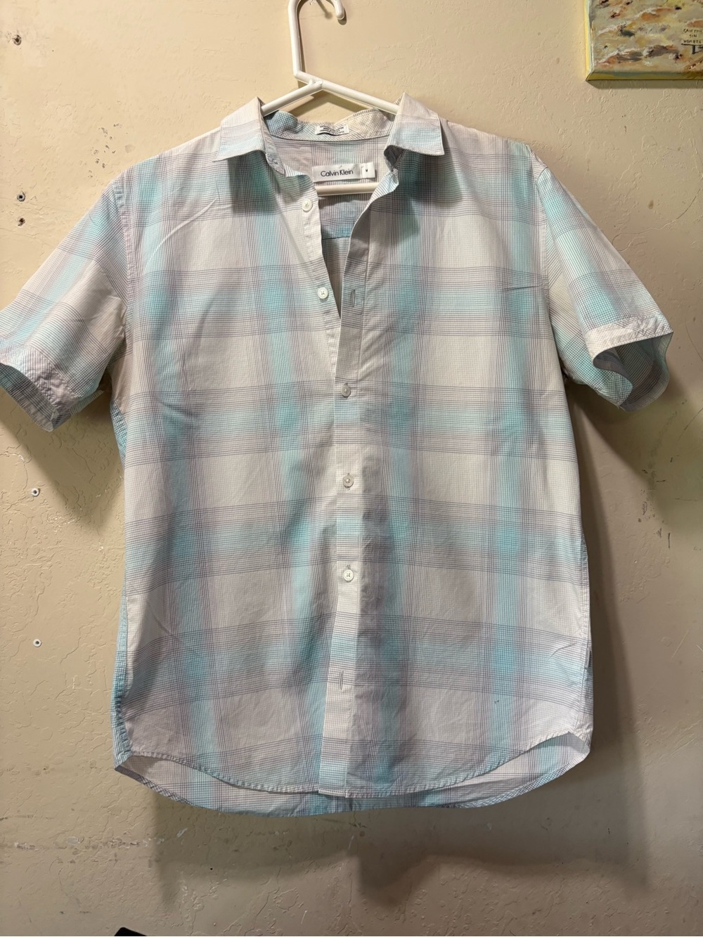 Calvin Klein Men’s Short Sleeve Plaid Button-Up - Light Blue & Gray